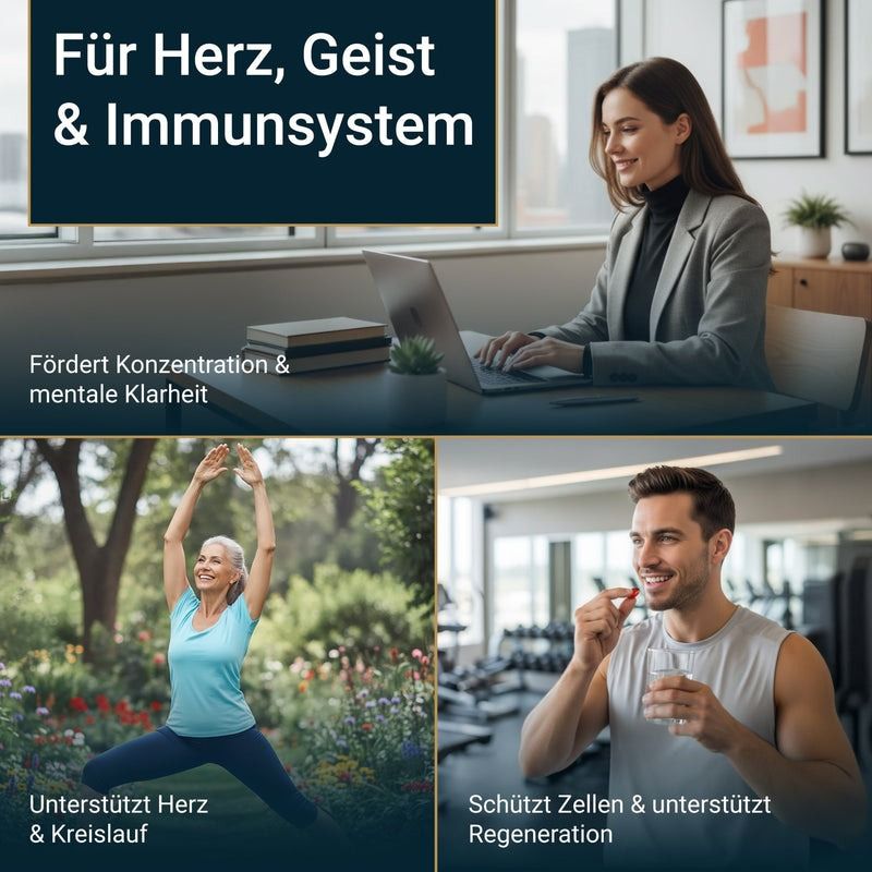 Drei Bilder: Frau am Laptop, Frau beim Yoga, Mann mit Kapsel. Text: Für Herz, Geist & Immunsystem. Fördert Konzentration.