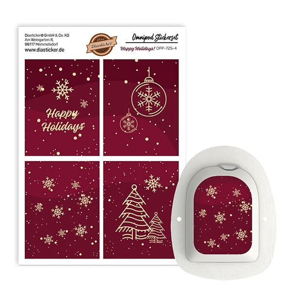 Omnipod Stickerset "Happy Holidays". Rotes Design mit goldenen Schneeflocken und Weihnachtsornamenten. Aufkleberbogen und Omnipod.