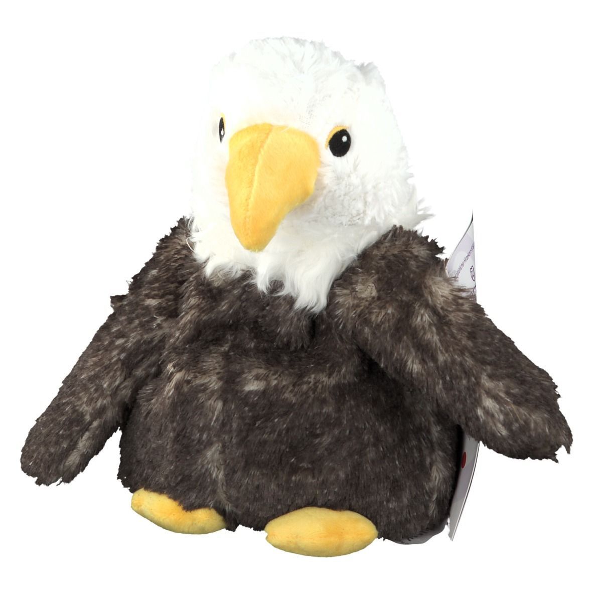 Warmies® Seeadler, Stofftier in Adlerform. Weißer Kopf, brauner Körper, gelber Schnabel und Füße. Mit Etikett.
