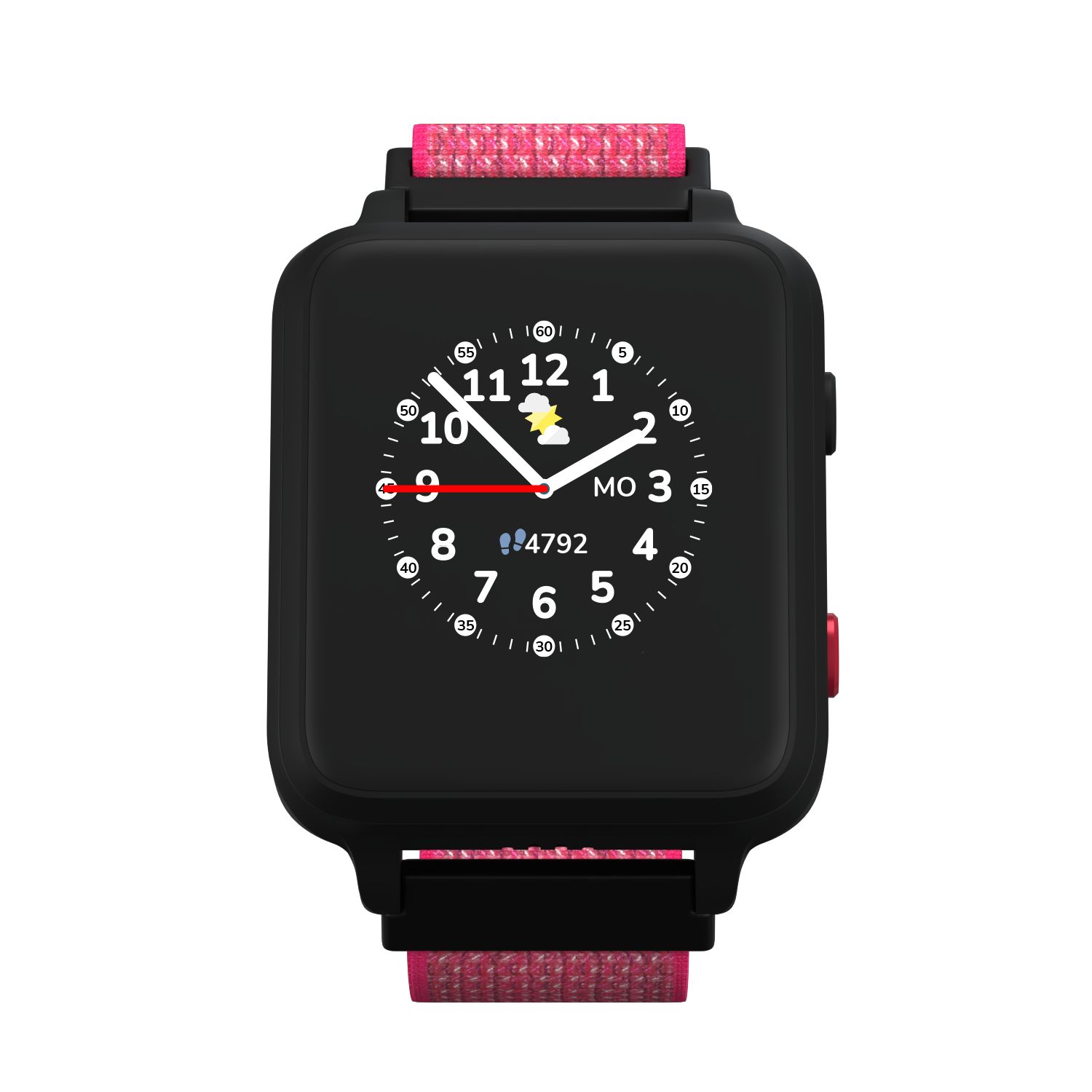 Schwarze Smartwatch mit pinkfarbenem Armband. Zifferblatt mit Zahlen und Zeigern. Rote Taste.