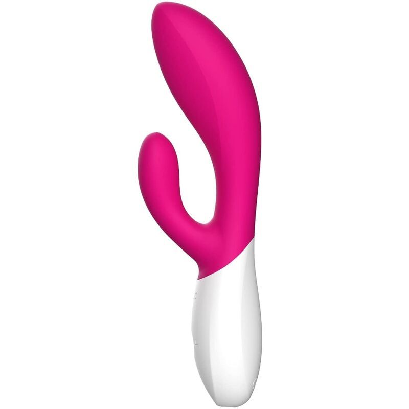 Weiß-pinkfarbener Vibrator. Gebogene Form mit zwei Ausläufern. Glatte Oberfläche.