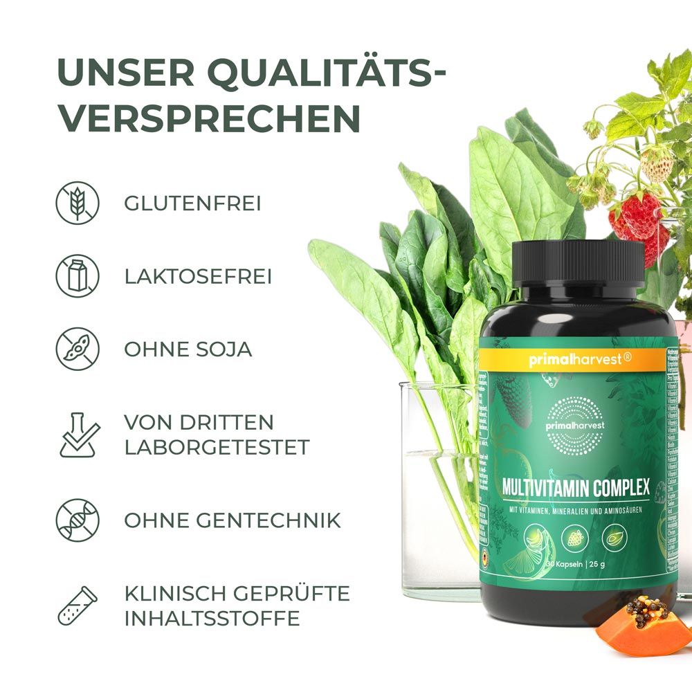 Flasche Multivitamin Complex, umgeben von Kräutern. Text: Unser Qualitätsversprechen. Glutenfrei, etc.