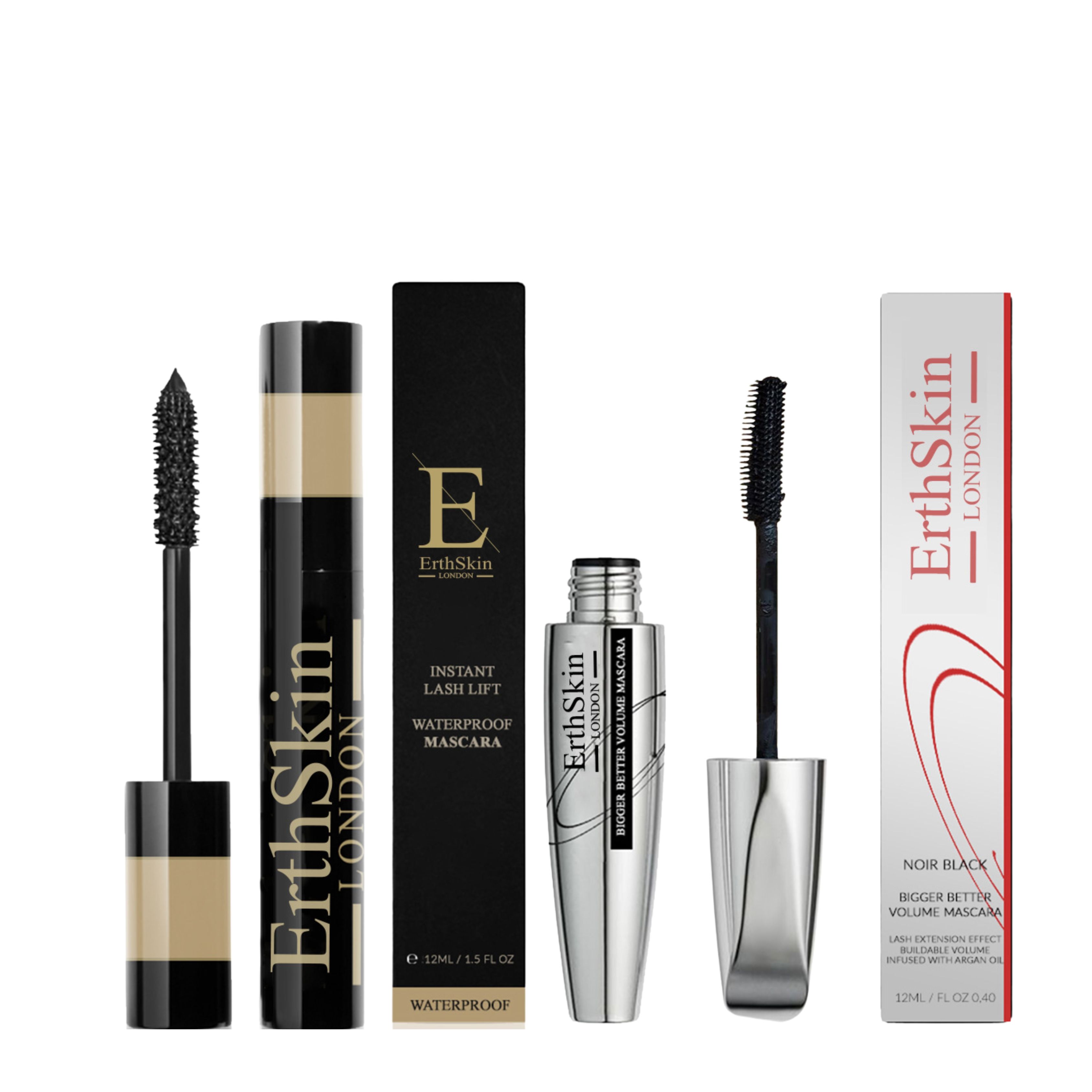 Zwei Mascaras mit Bürsten, zwei Verpackungen und eine Mascara-Tube. ErthSkin London Logo und Produktnamen sind sichtbar.