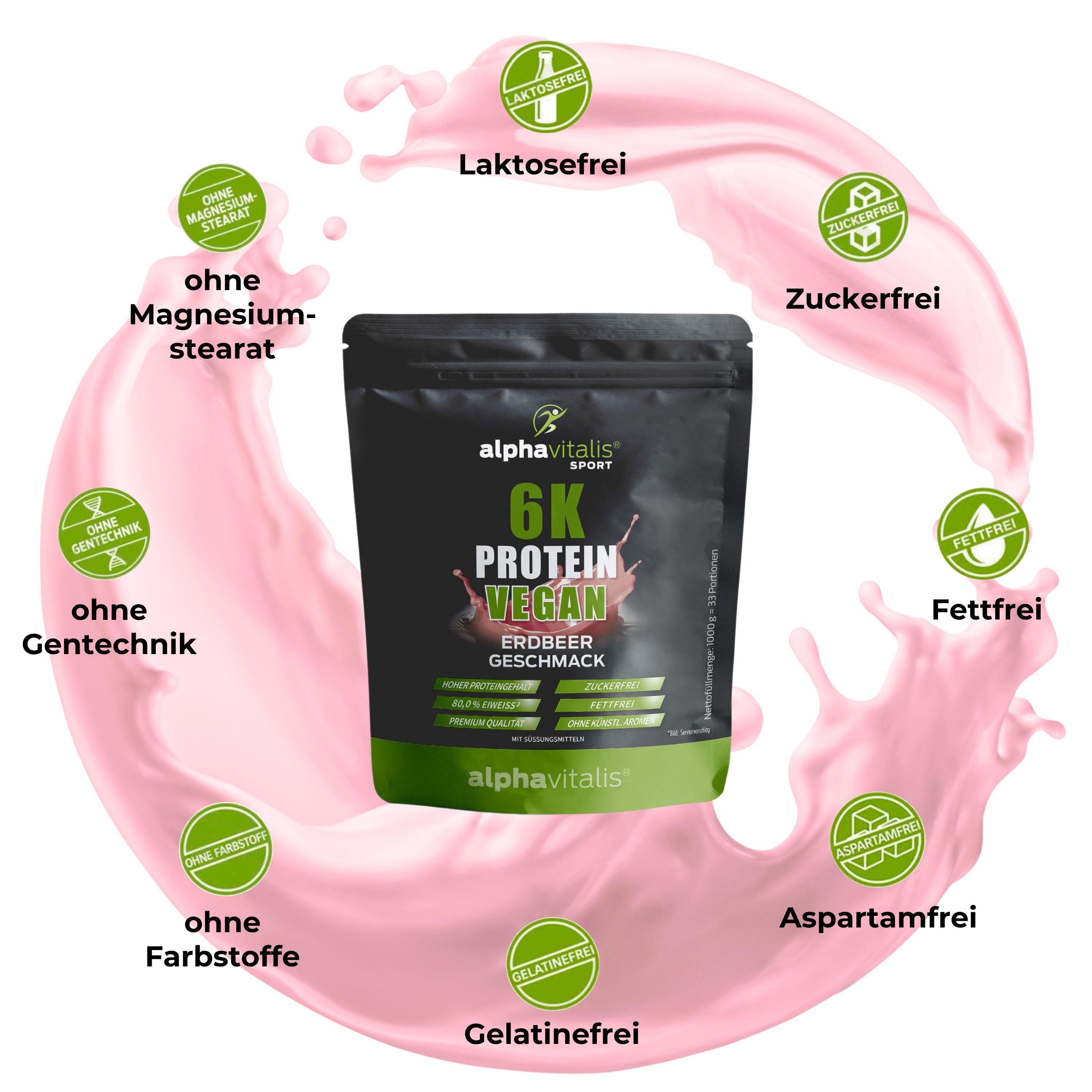 Alphavitalis Protein: Laktosefrei, zuckerfrei, fettfrei, Aspartamfrei, gelatinefrei.