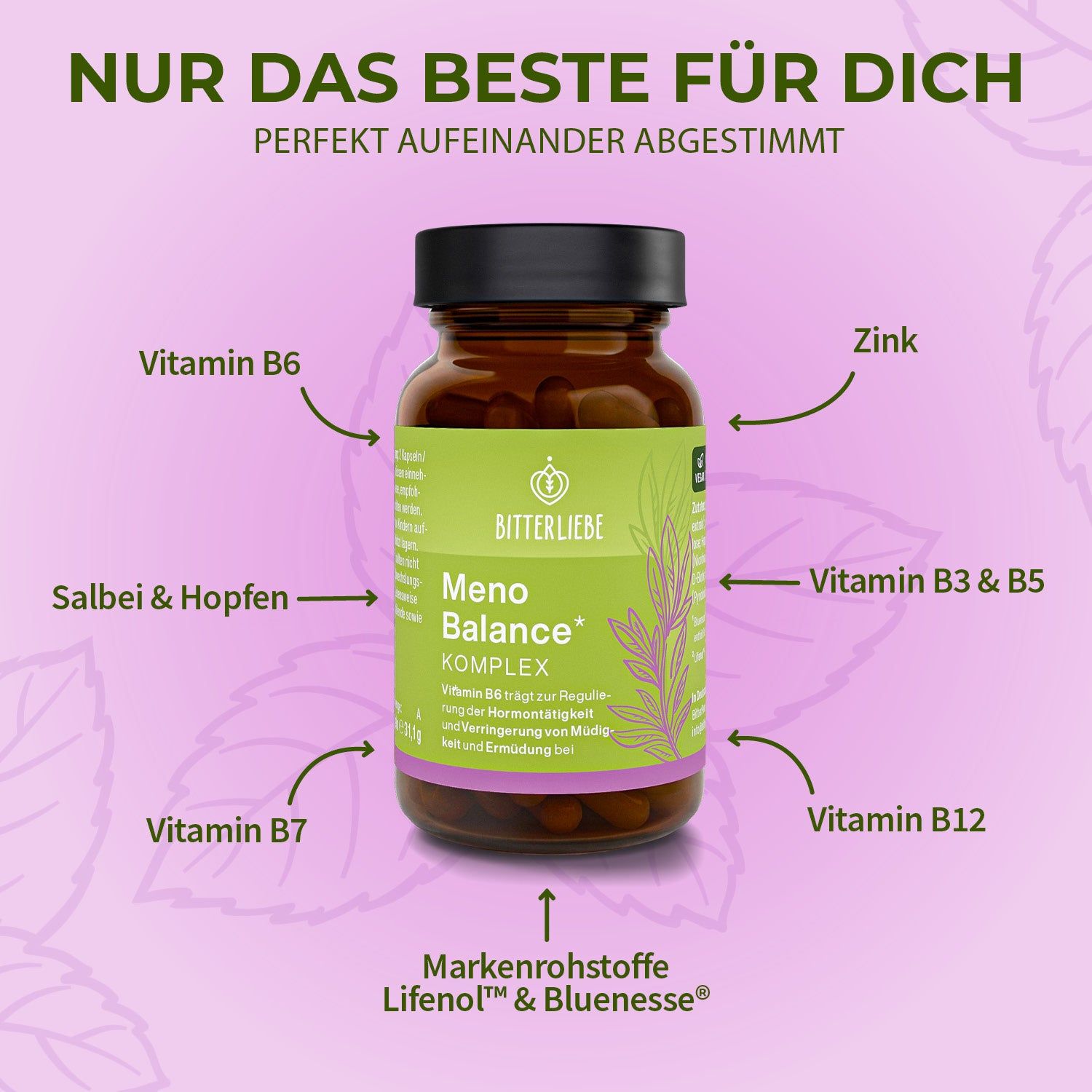 Frau hält Kapsel und Flasche Meno Balance Komplex. Siegel zeigen vegan, GMP, HACCP.