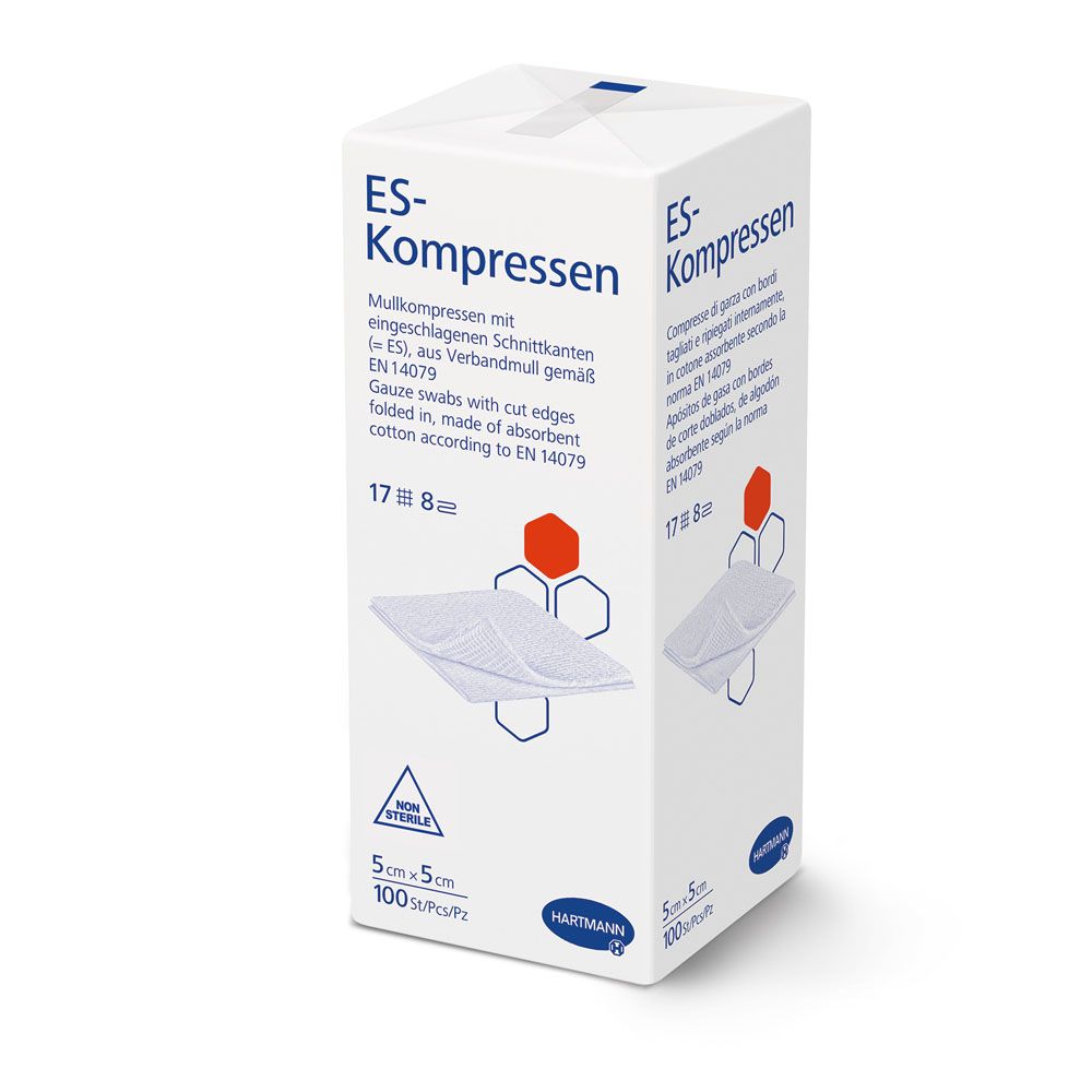 Verpackung mit ES-Kompressen. Aufdrucke: Produktname, Größe 5x5 cm, 100 Stück, Hartmann-Logo. Weiße Box.