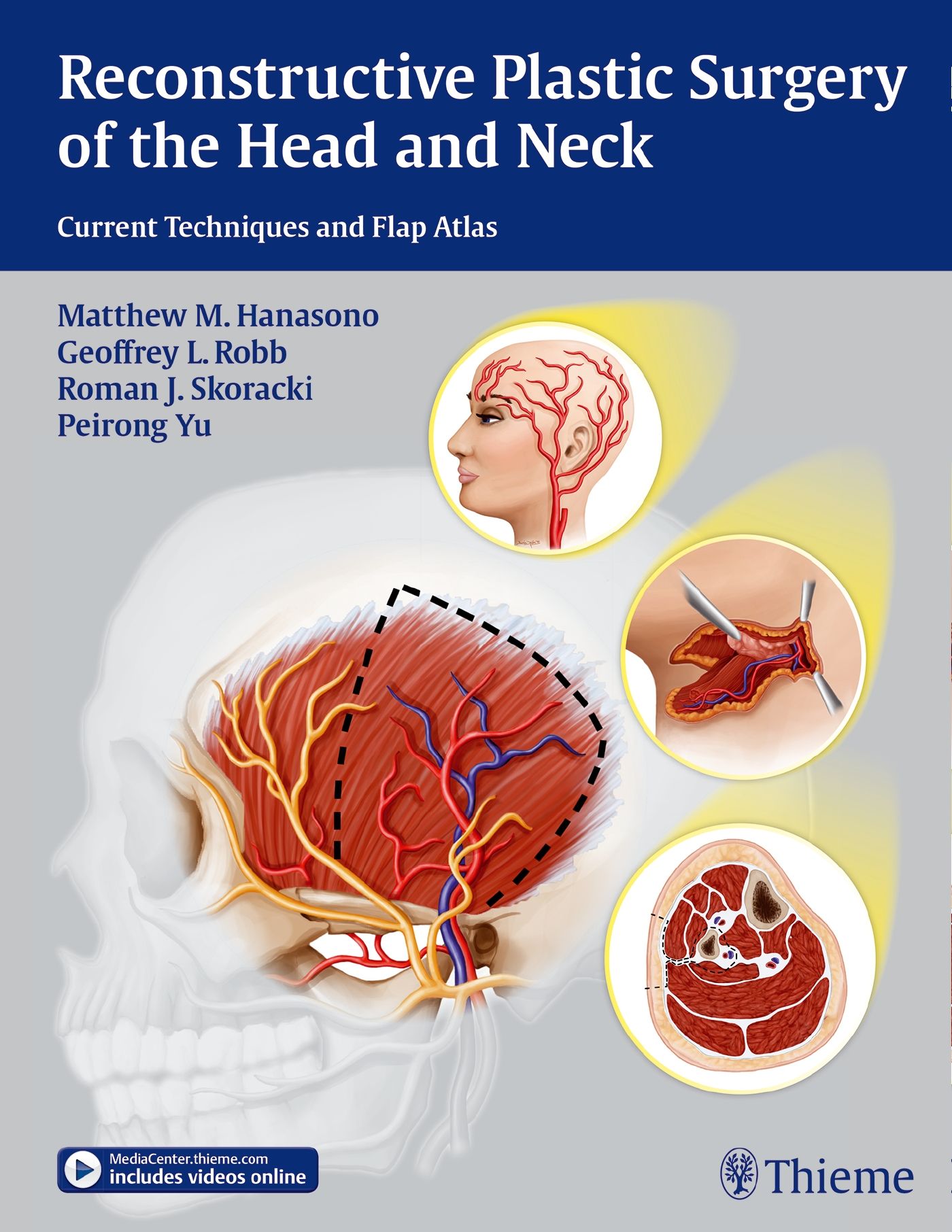 Buchcover: Reconstructive Plastic Surgery of the Head and Neck. Titel, Autoren, Illustrationen von anatomischen Strukturen und Logo Thieme.