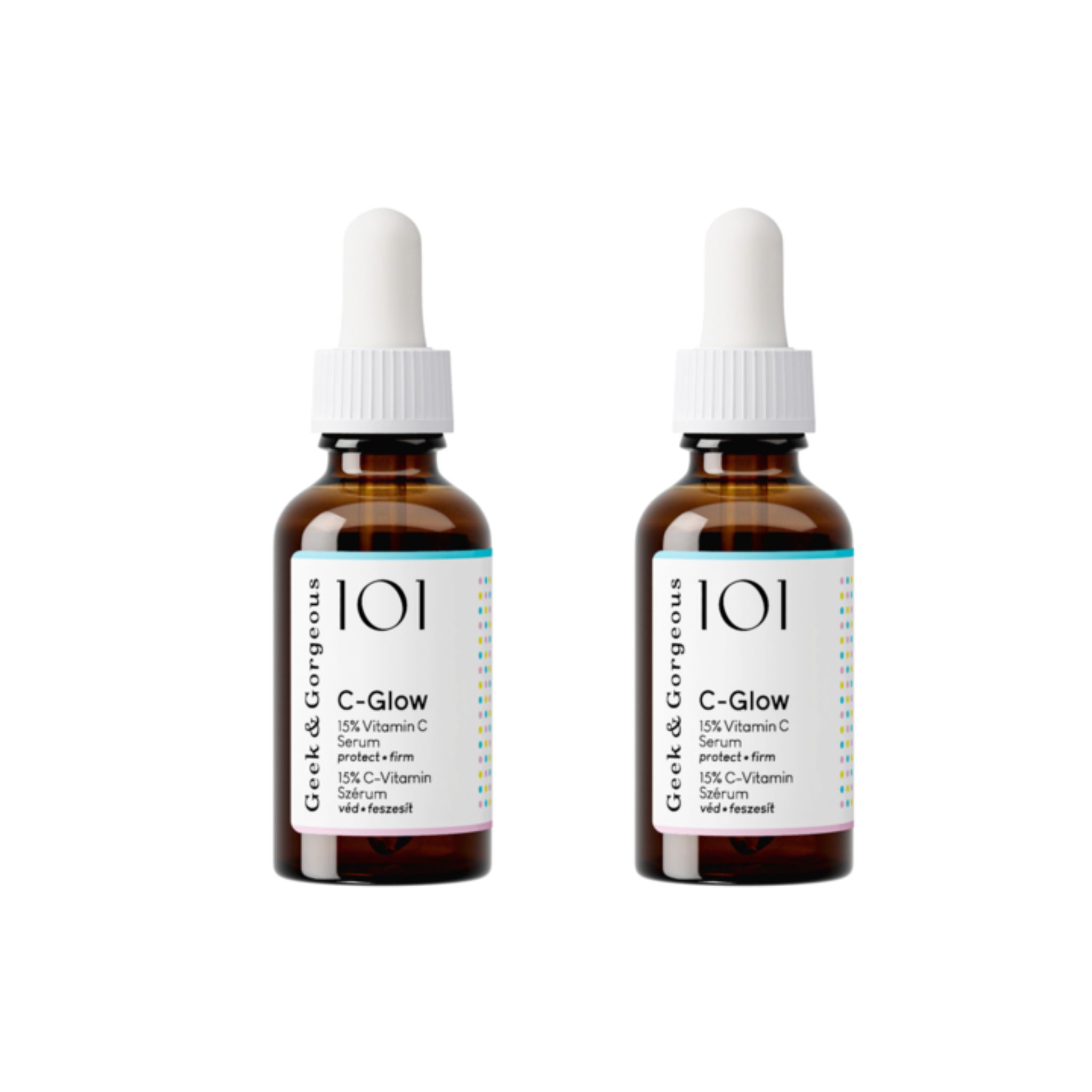 Zwei Flaschen mit Tropfern. Aufschrift: Geek & Gorgeous C-Glow 15% Vitamin C Serum.