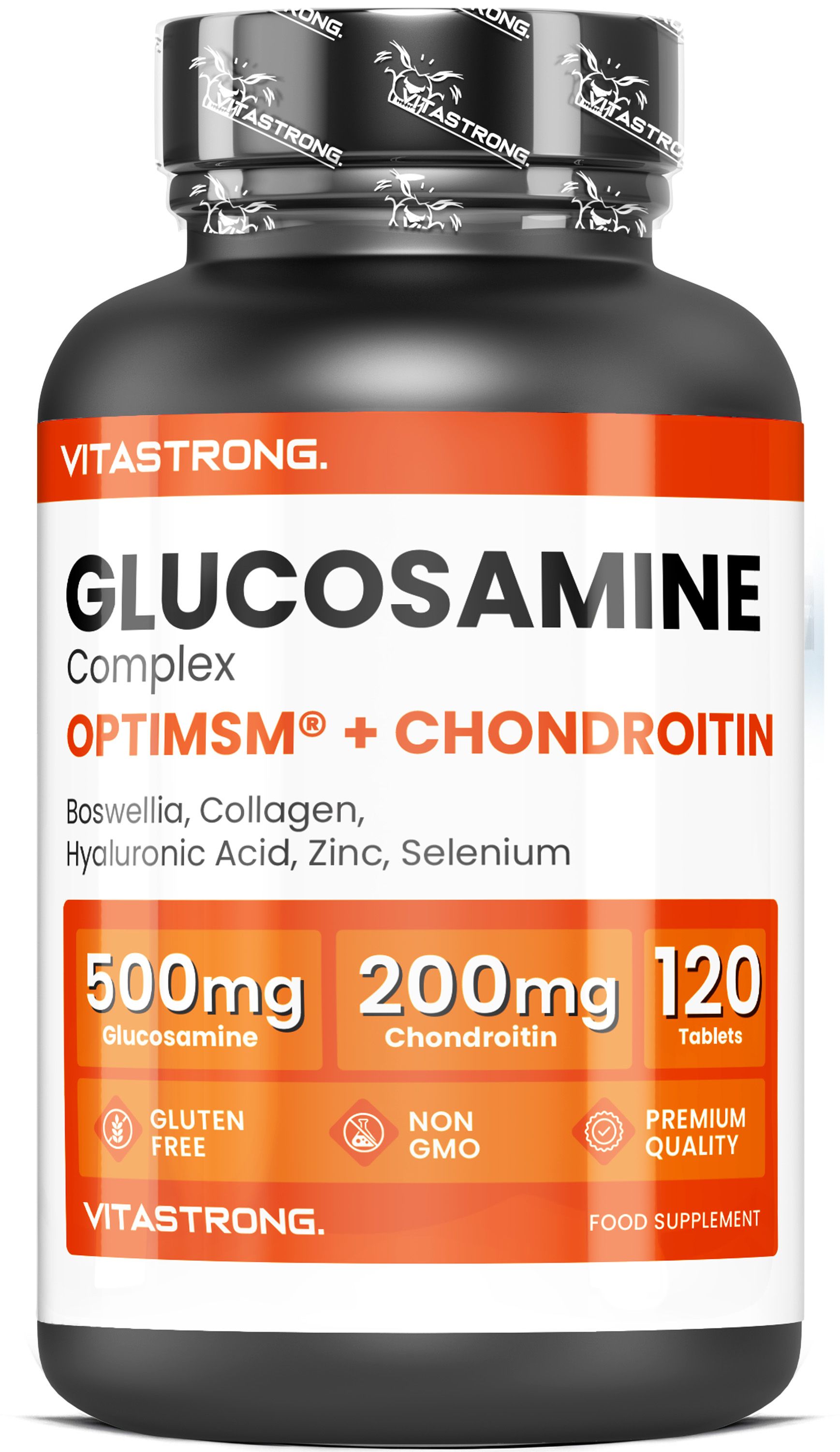 Vitastrong Glucosamin Komplex Flasche mit Etikett, das 500mg Glucosamin, 200mg Chondroitin und 120 Tabletten angibt.