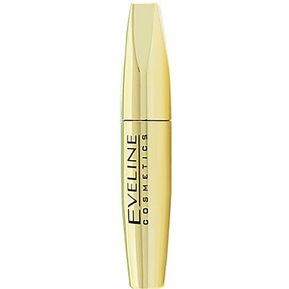 Goldfarbene Mascarahülse mit schwarzer Schrift: EVELINE COSMETICS. Vertikale Ansicht.