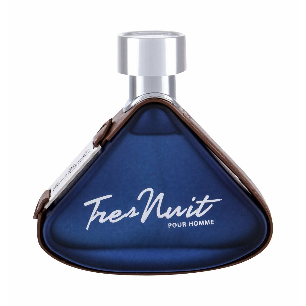Dreieckige blaue Parfümflasche mit brauner Lederumrandung und silbernem Verschluss. Aufschrift 'Tres Nuit Pour Homme'.
