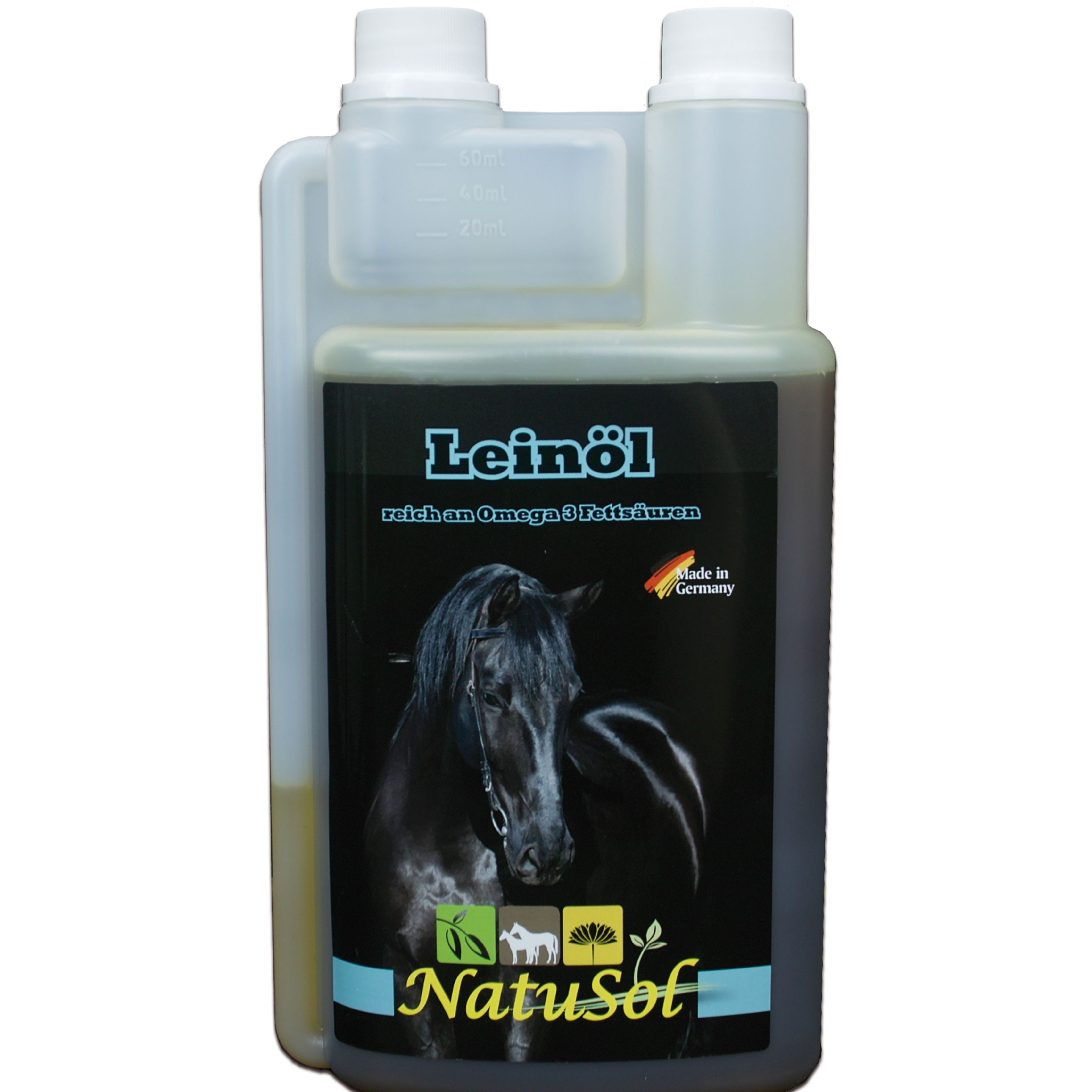 Flasche mit Leinöl für Pferde. Aufschrift: Leinöl, reich an Omega 3 Fettsäuren. Abbildung eines schwarzen Pferdes. Marke: NatuSol.