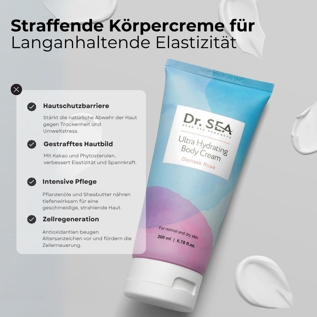 Creme-Tube mit Text und Illustrationen. Aufschrift: Dr. SEA, Ultra Hydrating Body Cream, Damask Rose. Text über Hautschutzbarriere und Elastizität.