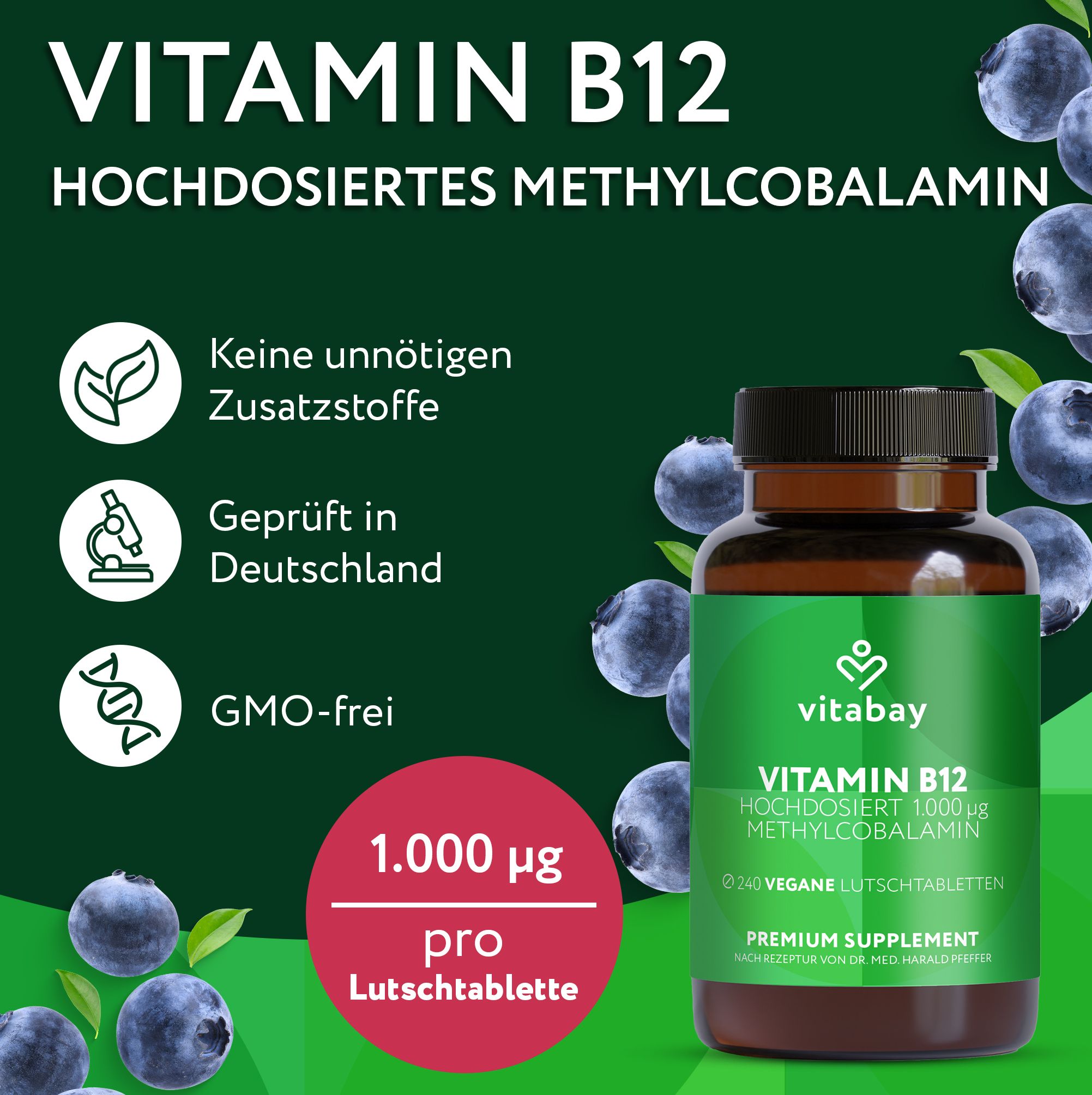 Vitabay Vitamin B12: Ohne Zusatzstoffe, geprüft in Deutschland, GMO-frei, 1000 mcg pro Tablette.