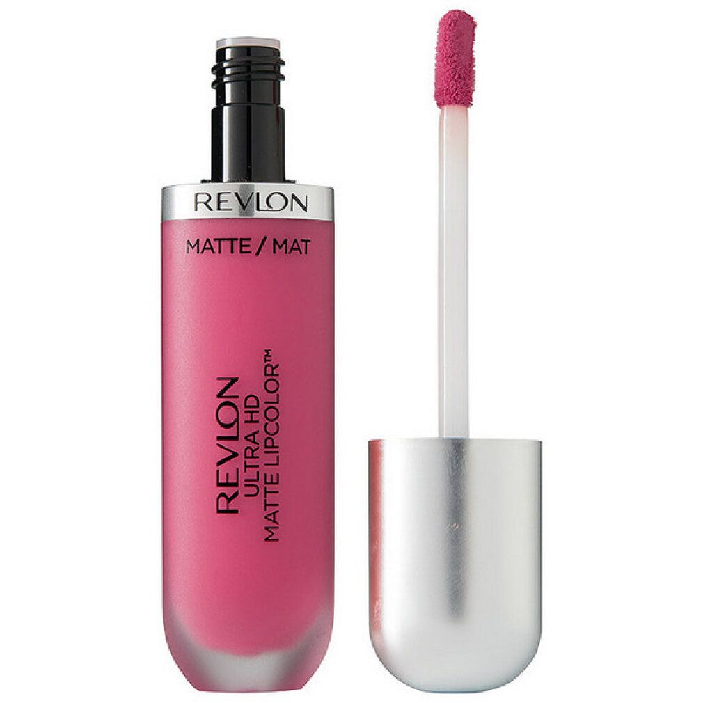 Revlon Ultra HD Matte Lipcolor. Rosa Lippenstift mit Applikator. Silberne Kappe, schwarzer Hals. Produktbezeichnung.