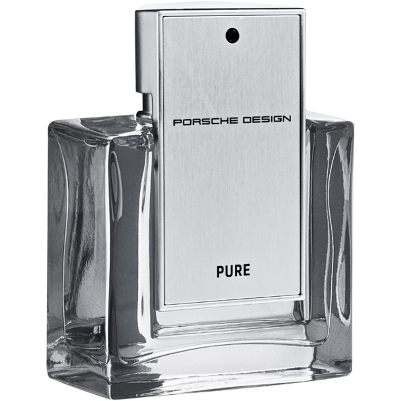 Transparenter Flakon mit silberner Front. Auf der Front steht "PORSCHE DESIGN PURE". Der Flakon hat eine rechteckige Form.