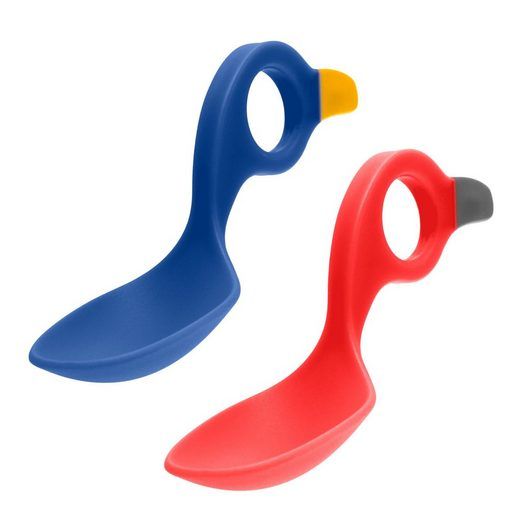 Zwei Babylöffel in Blau und Rot. Jeder Löffel hat einen Griff mit Loch und eine Löffelform.