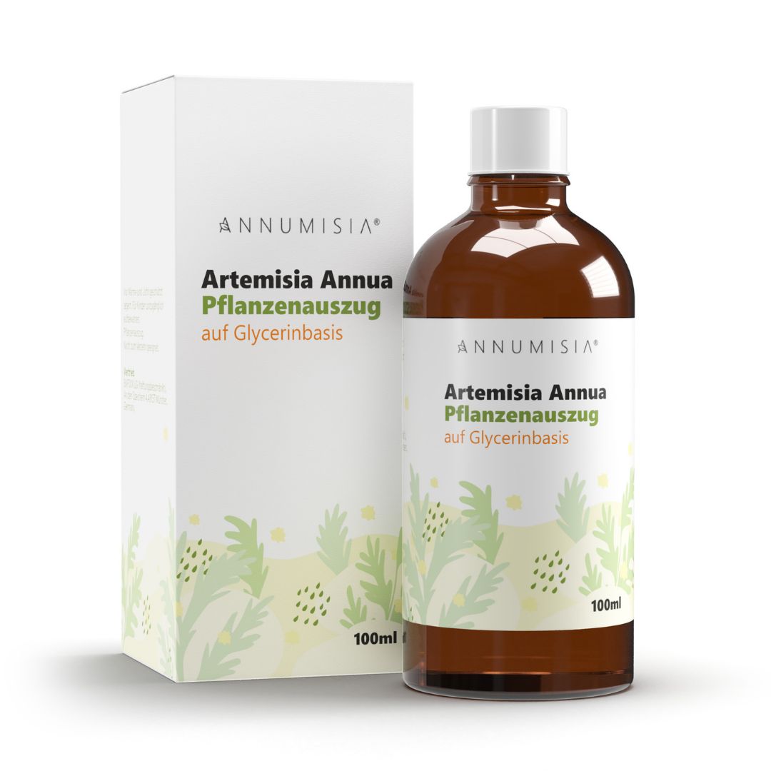 ANNUMISIA® Artemisia Annua Pflanzenauszug, braune Glasflasche mit weißem Deckel, neben einer weißen Verpackung. Auf der Flasche und der Verpackung steht "Artemisia Annua Pflanzenauszug auf Glycerinbasis" und "100 ml".