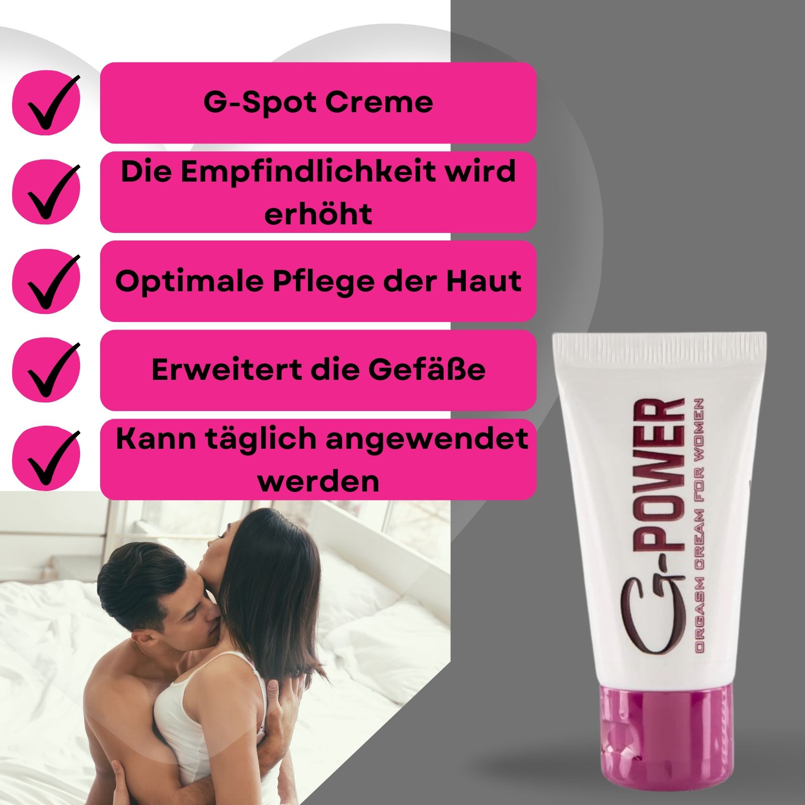 Creme-Tube mit roter Kappe. Text: G-POWER, ORGASM CREAM FOR WOMEN. Box mit Text: ORGASMUSCREME FÜR DIE FRAU. Hintergrund: Paar.