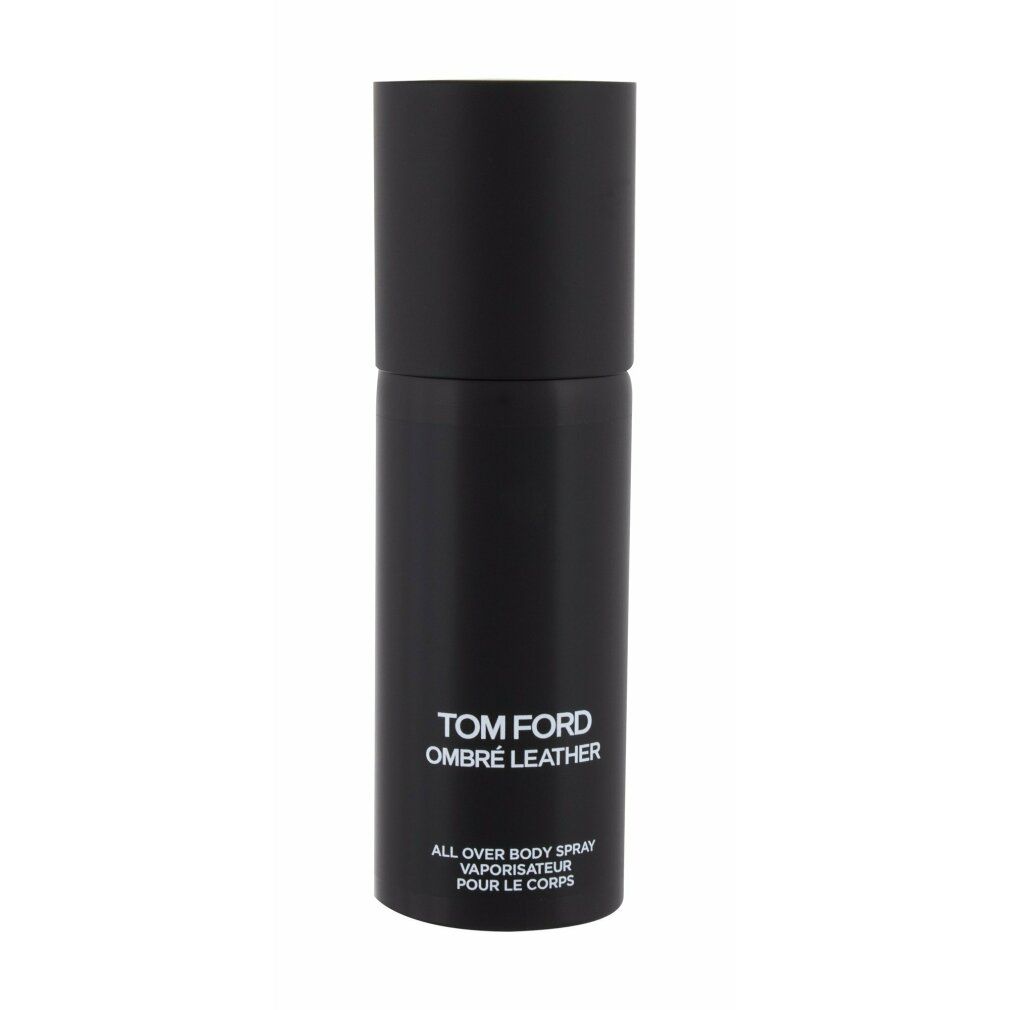 Schwarze Sprühflasche mit Text: TOM FORD OMBRÉ LEATHER. ALL OVER BODY SPRAY. VAPORISATEUR POUR LE CORPS.