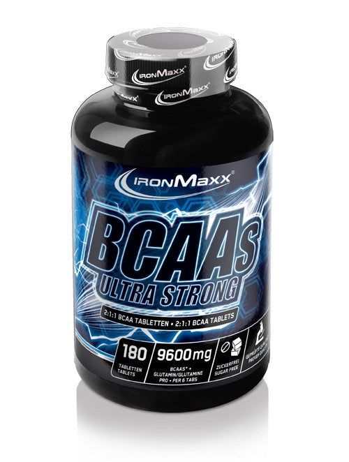 Flasche mit 180 BCAA Ultra Strong Tabletten, 9600mg pro Portion. Zuckerfrei.