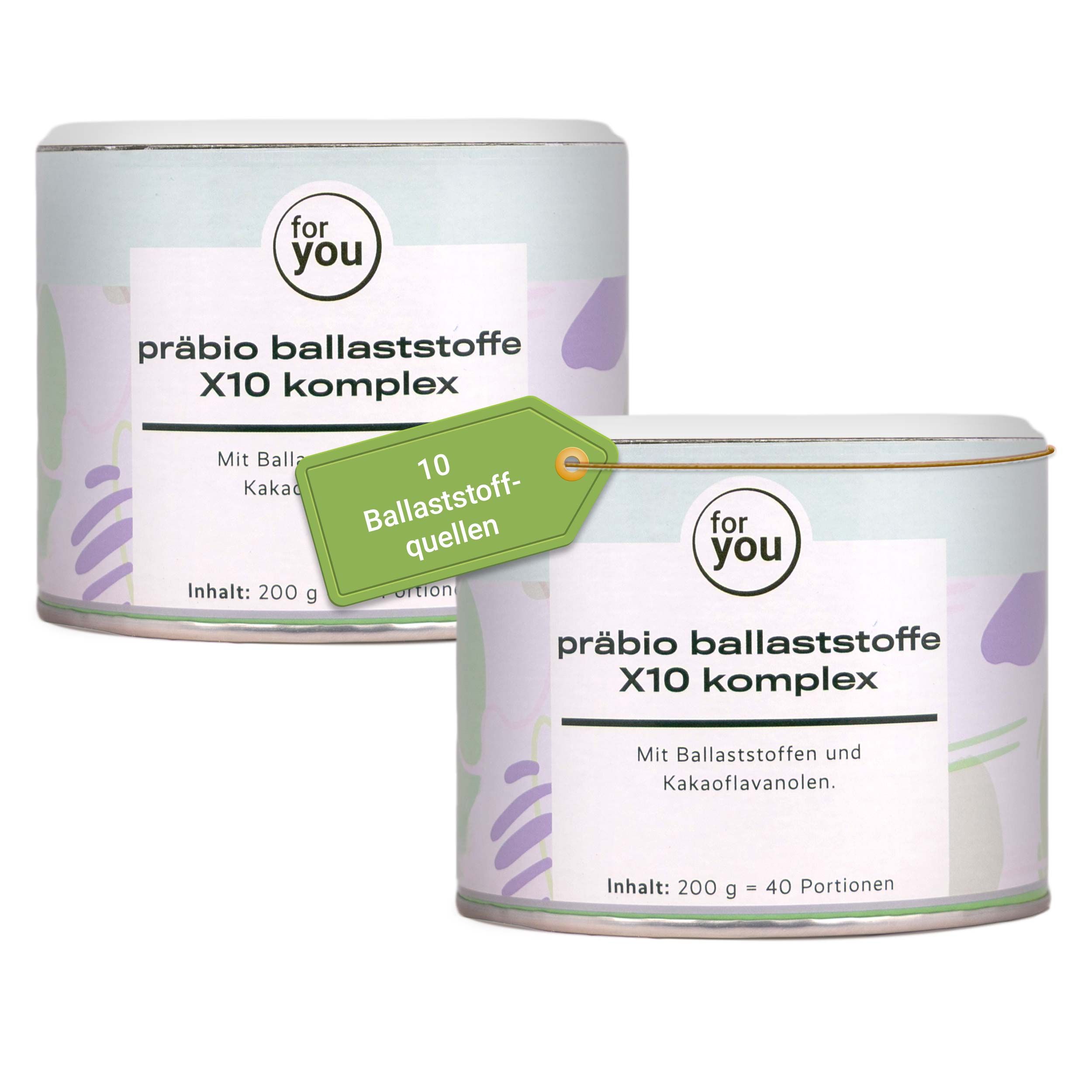 Zwei Dosen "präbio ballaststoffe X10 komplex" mit je 200g Inhalt. Eine Dose hat ein grünes Etikett mit "10 Ballaststoff-Quellen".