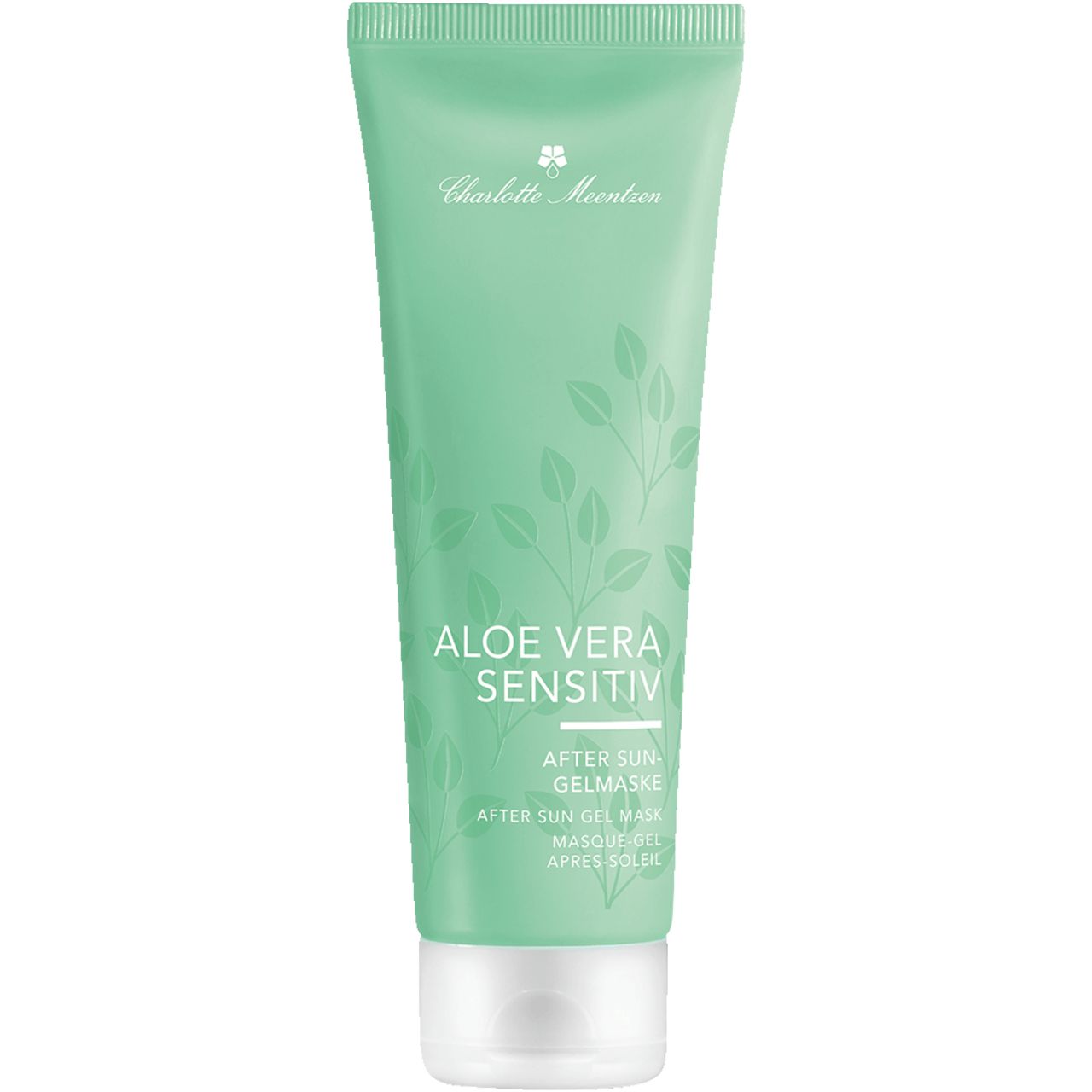 Grüne Tube mit Aufschrift: Aloe Vera Sensitiv After Sun Gelmaske. Marke: Charlotte Meentzen.