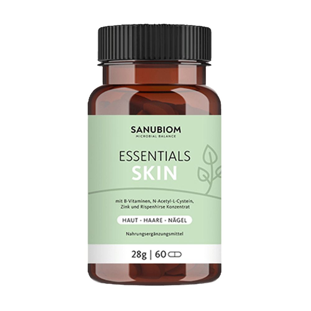 Braune Flasche mit schwarzem Deckel. Auf dem Etikett steht "Sanubiom Essentials Skin". Es enthält Nahrungsergänzungsmittel für Haut, Haare und Nägel.
