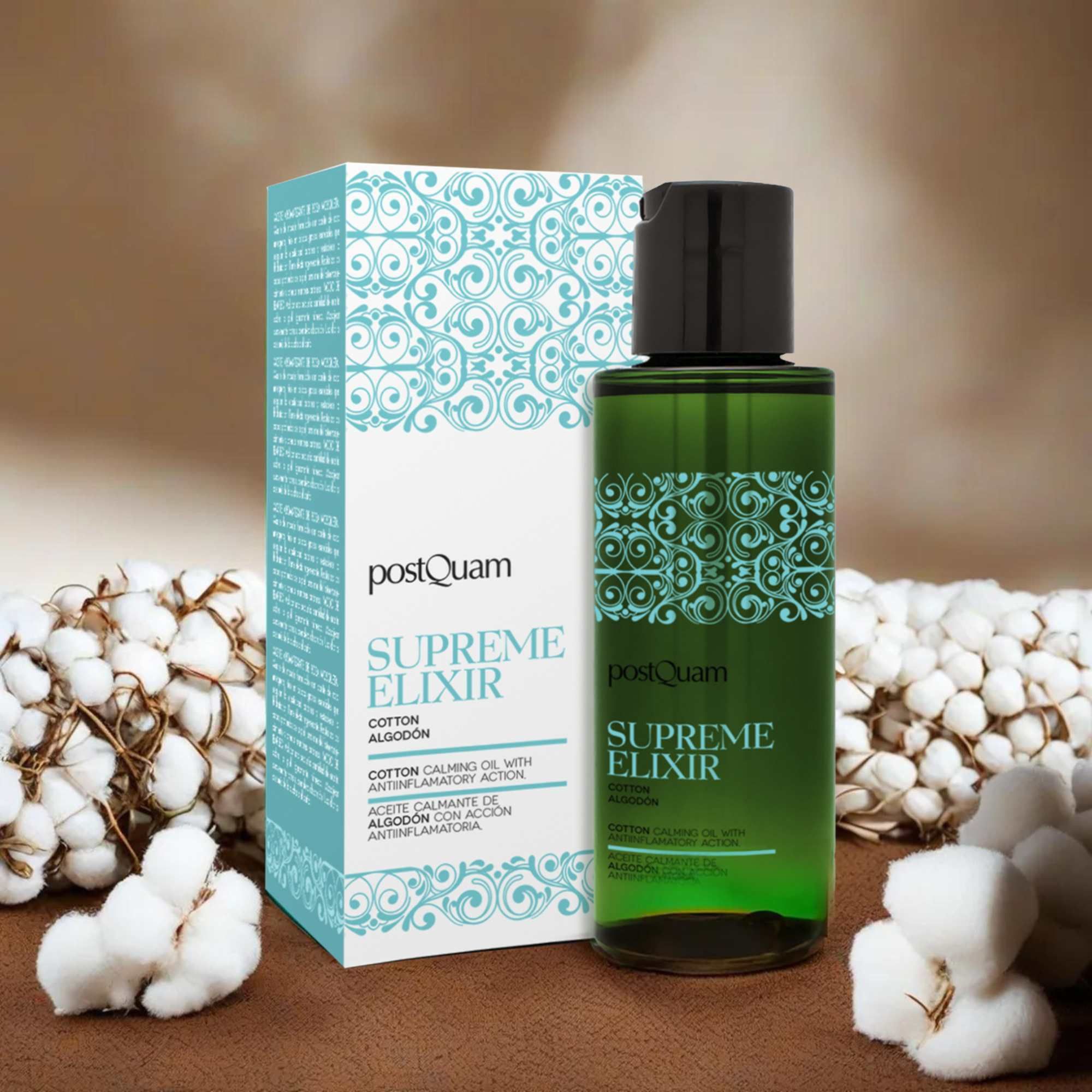 Grüne Flasche mit schwarzem Deckel und Verpackung. Baumwollblüten. Aufschrift 'Supreme Elixir' und 'Cotton'.