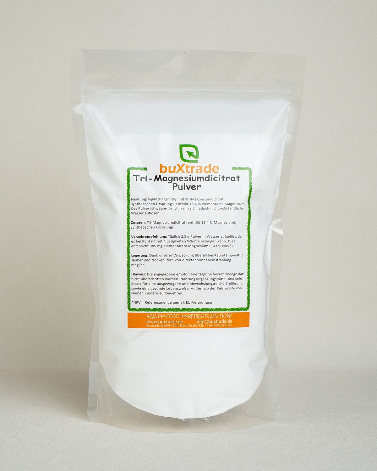 Buxtrade Tri-Magnesiumcitrat Pulver in weißer Standbodenbeutel-Verpackung.