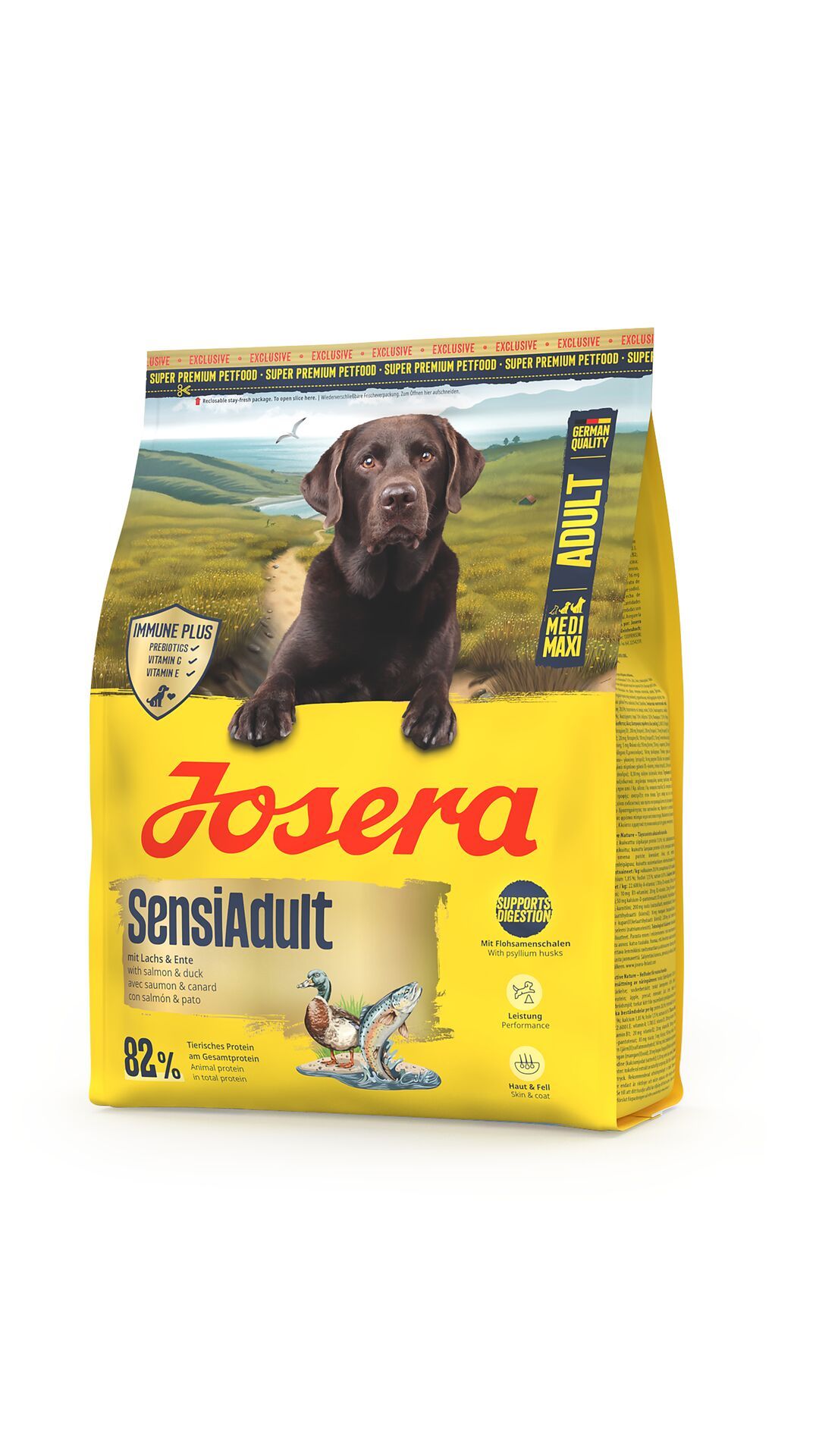 Gelbe Verpackung mit "JOSERA SensiAdult"-Schriftzug. Abgebildet ist ein Hund, eine Ente und ein Qualitätslogo.