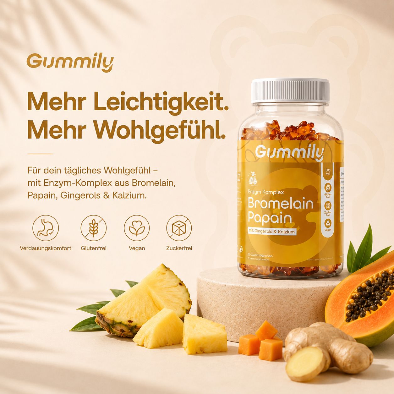 Gummily Bromelain Papain Komplex Gummibärchen mit Ananas, Papaya, Ingwer und Kalzium.