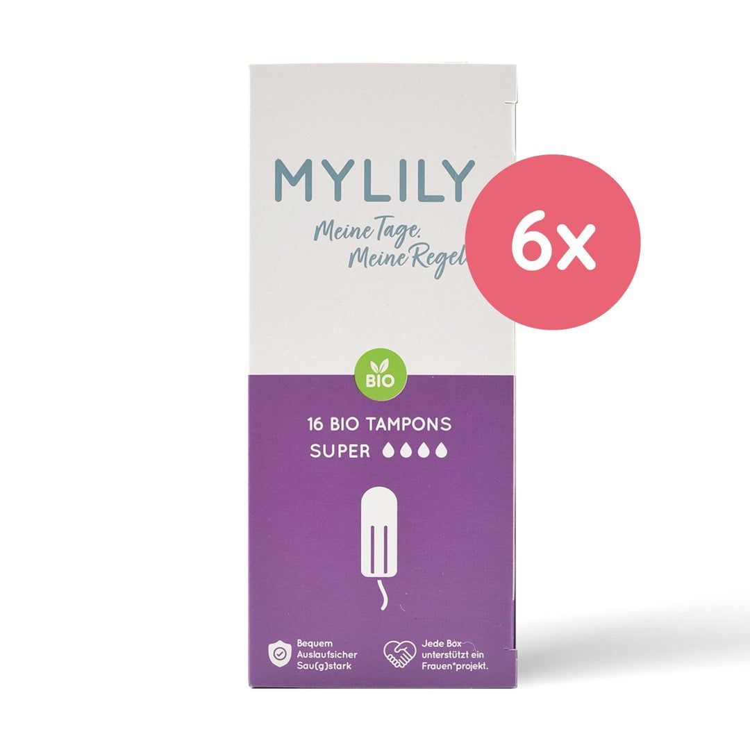Verpackung mit 16 Bio-Tampons, Super, mit Logo und 6x-Kennzeichnung. Bio-Siegel und Produktinformationen.