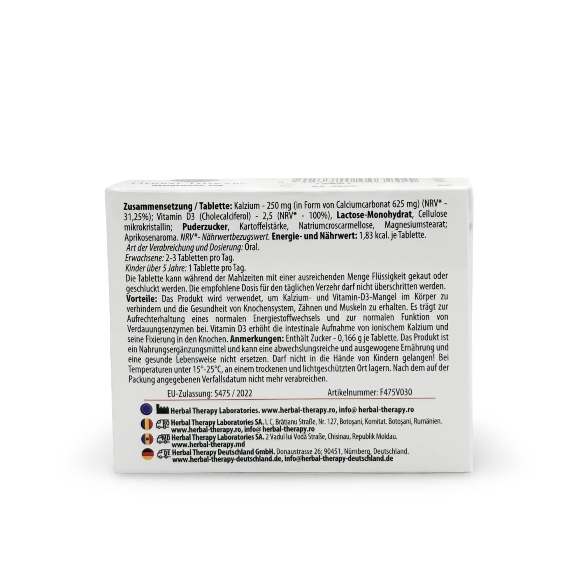 Rückseite der Produktverpackung. Enthält Informationen zu Inhaltsstoffen, Dosierung und Hersteller. EU-Zulassung.