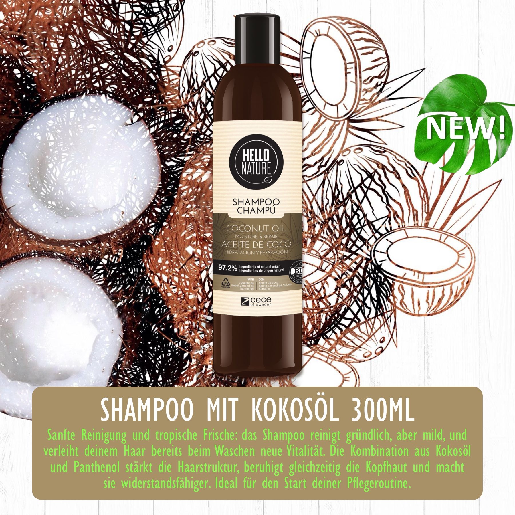 Braune Shampoo-Flasche mit schwarzem Deckel. Aufschrift: Hello Nature, Shampoo. Kokosöl. 300ml. Mit Kokosöl.
