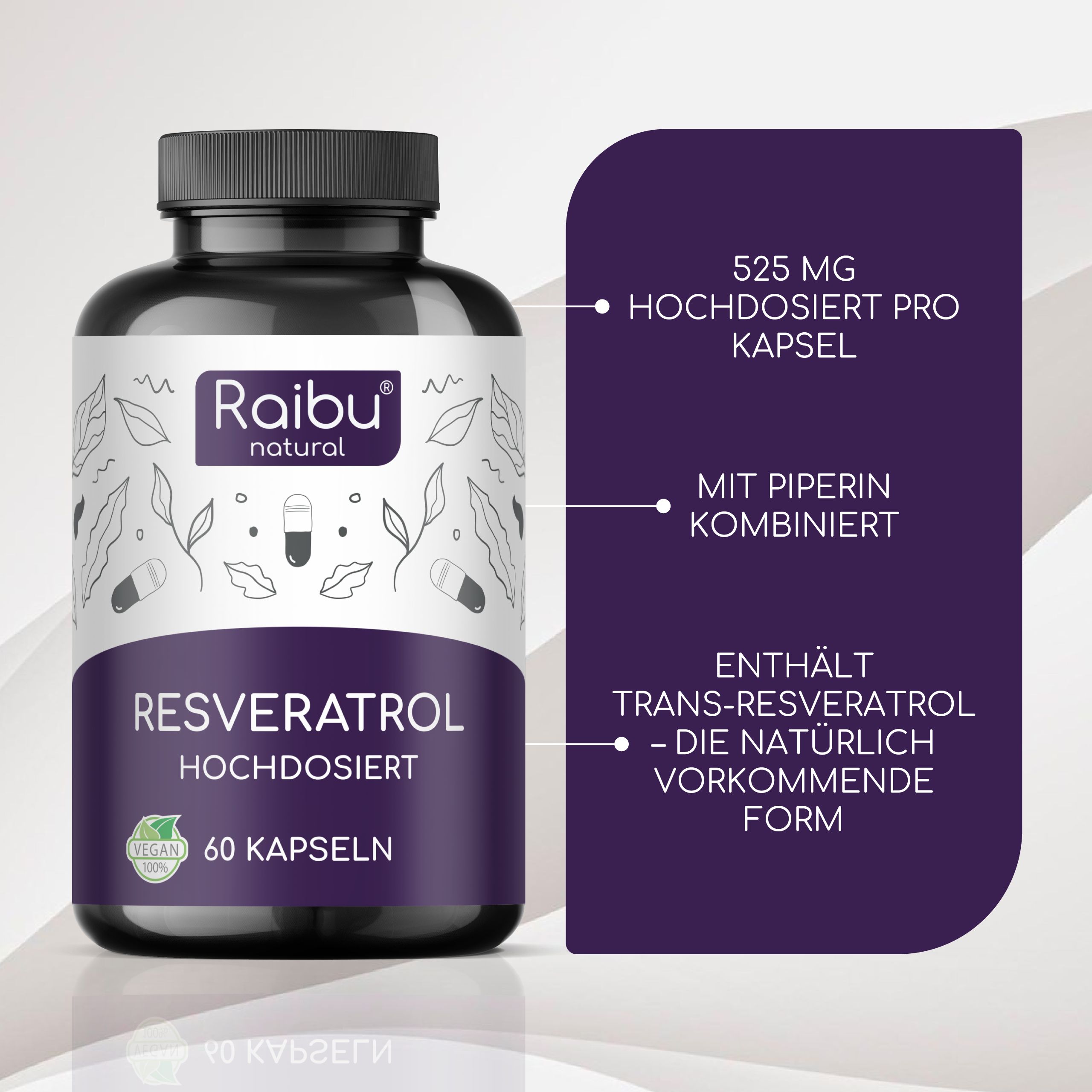 Produktflasche mit Text. Text: Resveratrol, 525 mg, 60 Kapseln. Mit Pfeil: 525 mg pro Kapsel.