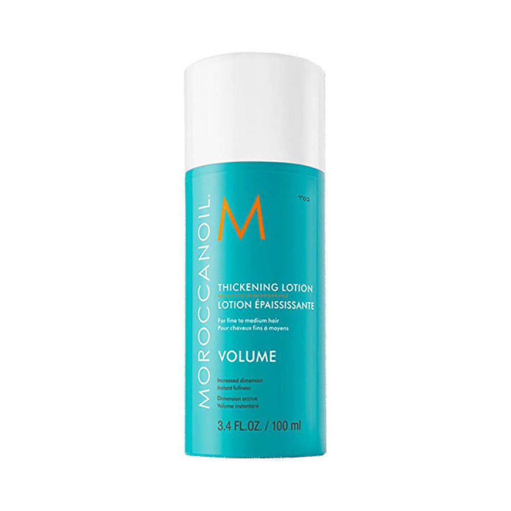 Türkis-farbene Flasche mit weißem Deckel. Aufschrift: Moroccanoil, Thickening Lotion, Volume. 3.4 FL.OZ./100 ml.