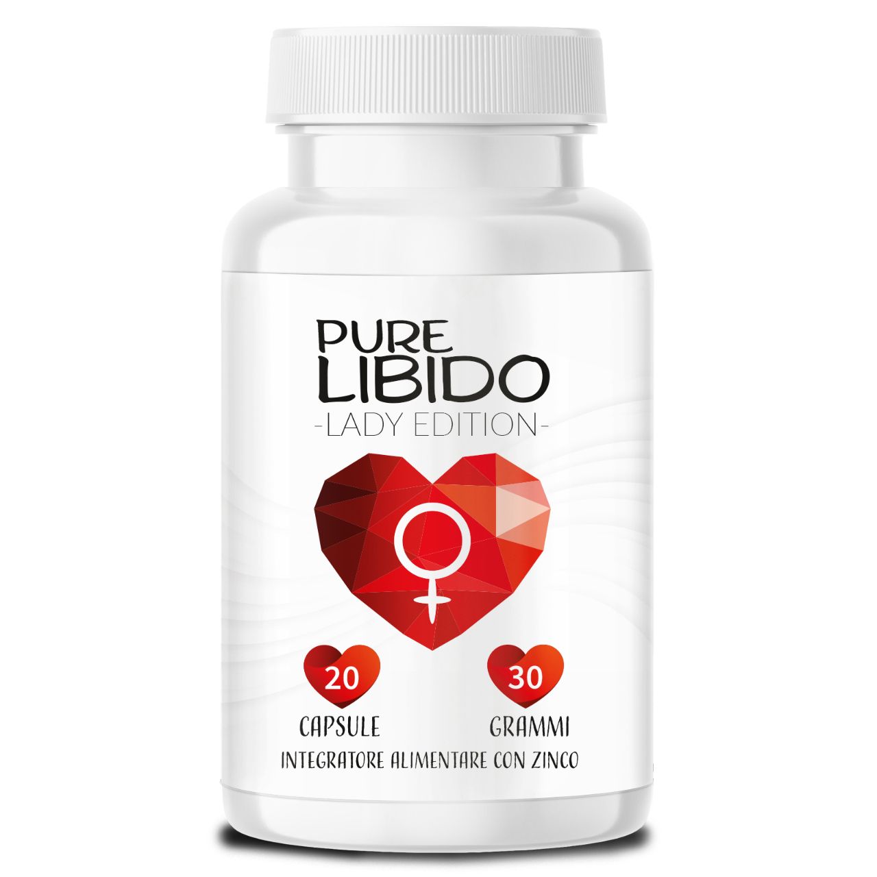 Flacone bianco di capsule. Scritta: Pure Libido - Lady Edition. Cuore rosso con simbolo femminile. 20 capsule, 30 grammi, zinco.