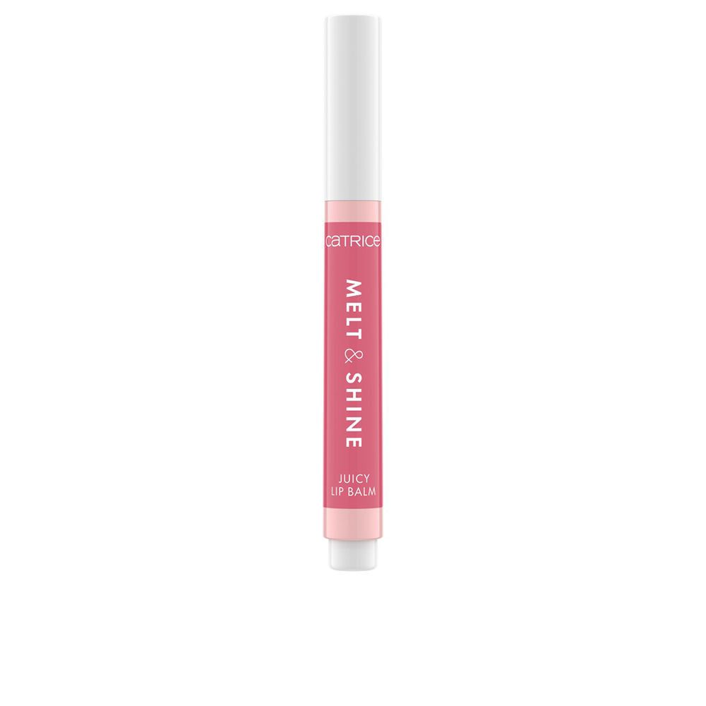 Lippenbalsam in Stiftform. Weißer Deckel, rosa Hülse mit Schriftzug "MELT & SHINE" und "JUICY LIP BALM". Marke: Catrice.
