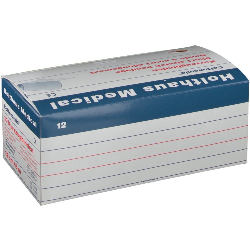 Verpackung mit 12 Kurzzugbinden. Aufschrift: Cottonamid, Holthaus Medical. Größe: 12 cm x 5 m.