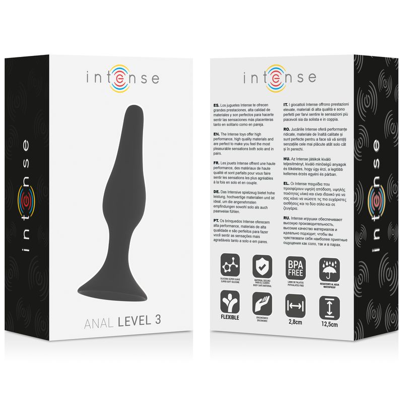 Verpackung für Anal-Stimulationsprodukt. Logo "Intense", Text "Anal Level 3". Rückseite mit Text und Symbolen.
