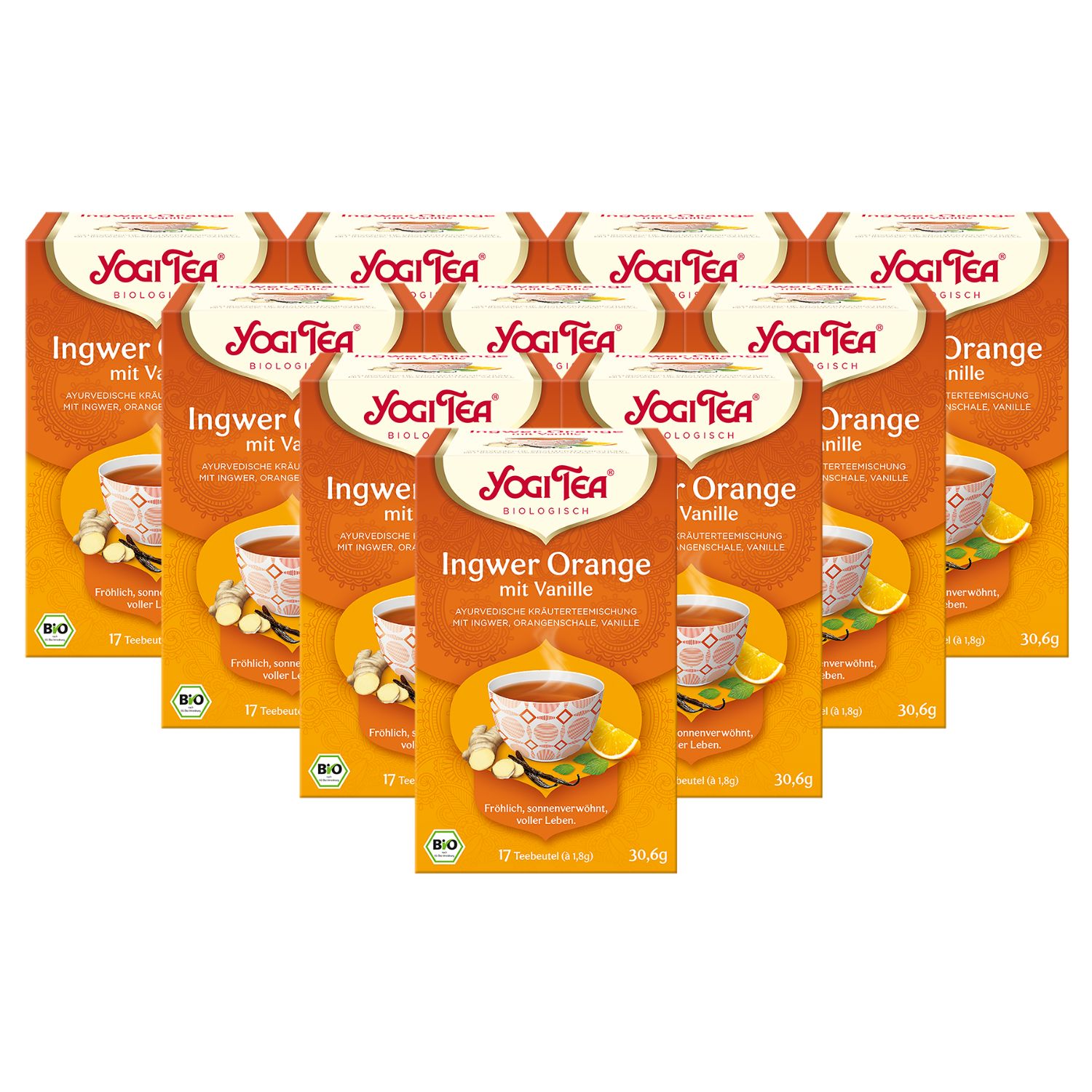 Mehrere Packungen Yogi Tea Ingwer Orange Bio Gewürztee. Orangefarbene Kartons mit Logo und Produktbezeichnung. 17 Teebeutel, Bio-Siegel.