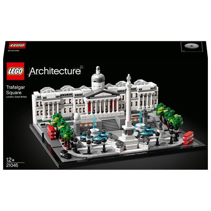 LEGO Architecture Trafalgar Square. Modello della piazza con edifici, alberi e autobus rosso a due piani. Confezione nera con logo.