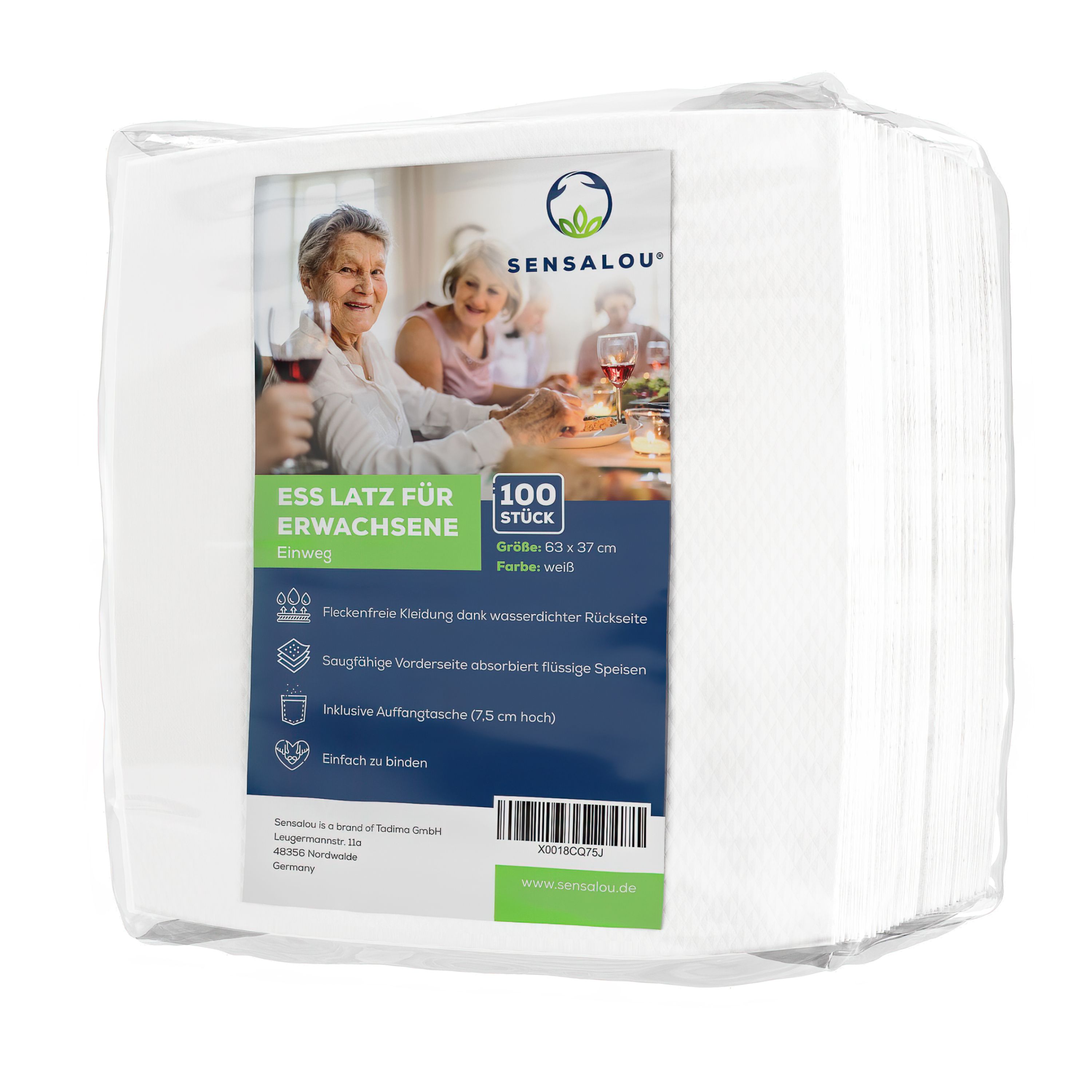 Verpackung mit 100 Einweg-Essschürzen. Aufdruck mit Produktname, Logo und Abbildung von Personen. Größe 63 x 37 cm.