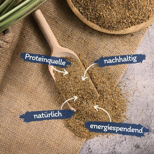Getrocknete Daphnien auf einem Jutegewebe. Beschriftungen: Proteinquelle, nachhaltig, natürlich, energiespendend. Holzschaufel.