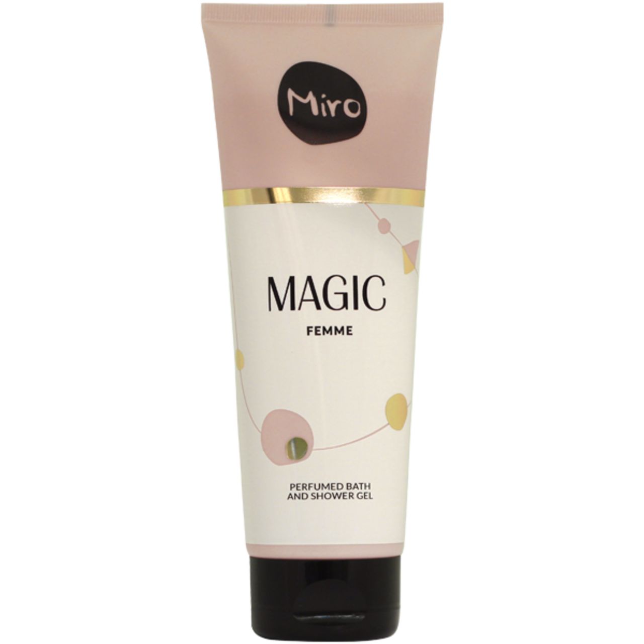 Tube Duschgel. Marke Miro. Aufschrift MAGIC FEMME. Goldener Streifen. Rosa, weiß und schwarze Elemente.