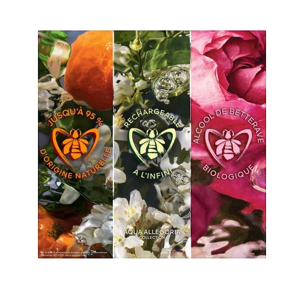 Drei vertikale Bilder mit Orange, Blüten und Rosen. Text: Jusqu'à 95% d'origine naturelle, Rechargeable à l'infini, Alcool de betterave biologique.