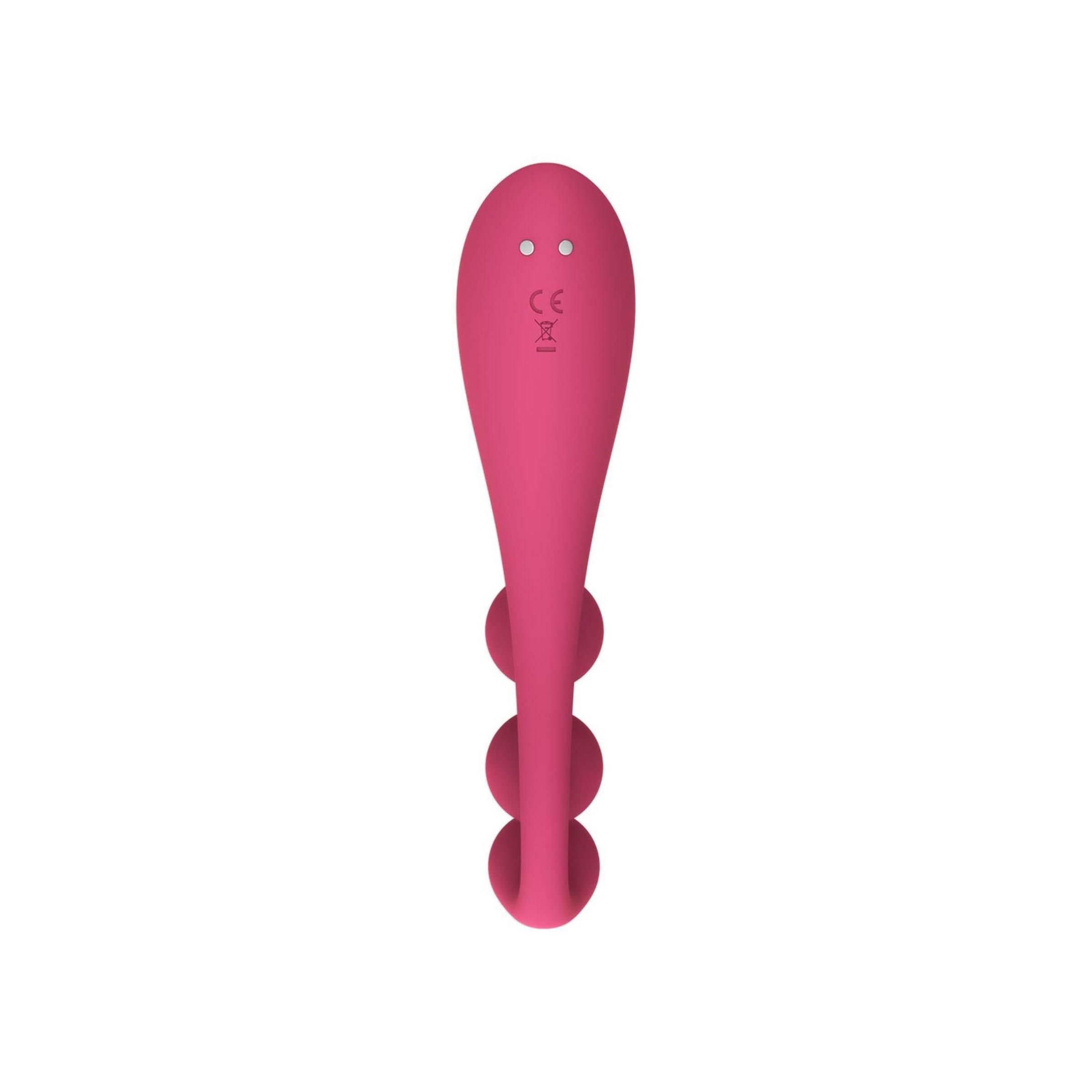 Rosa Vibrator mit drei Kugeln. Rückseite mit CE-Kennzeichnung.