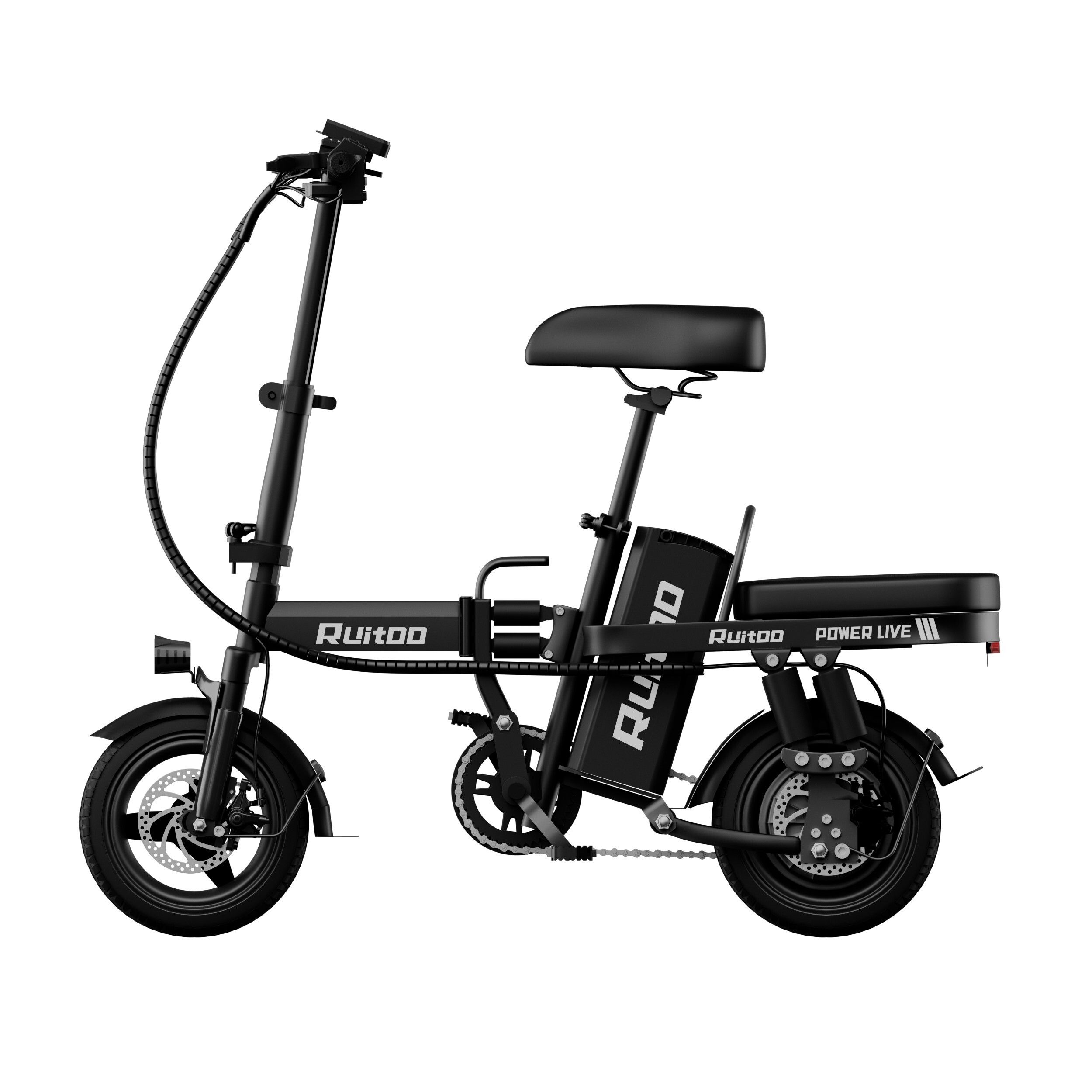 Schwarzes Falt-E-Bike, Seitenansicht. Sichtbar: Räder, Sattel, Akku, Lenker. Marke: Ruitoo.