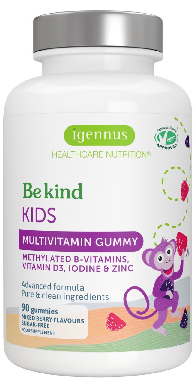 Flasche mit Fruchtgummis. Text: Be kind Kids Multivitamin. Methylierte B-Vitamine, Vitamin D3, Jod & Zink. 90 Gummis. Mischbeeren-Geschmack.